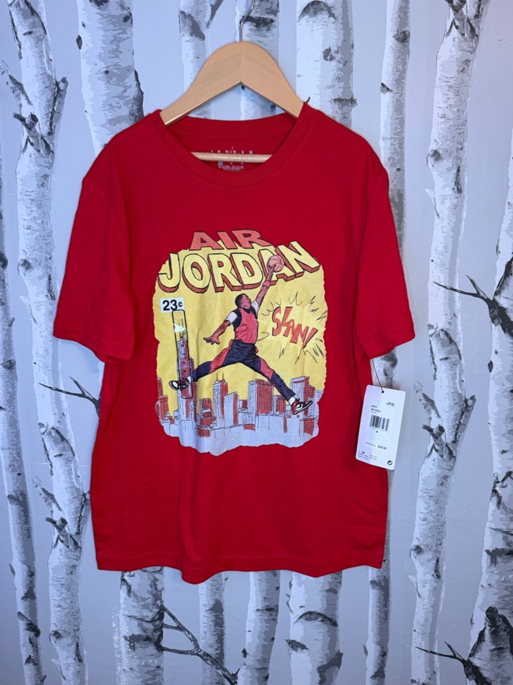 Jordan Red Short Sleeve Tee with Yellow Comic Graphic